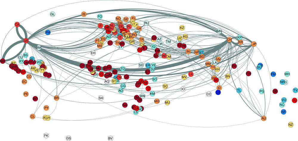 ©Coquidé, C., Lages, J. & Shepelyansky, D.L. "Crisis contagion in the world trade network". Appl Netw Sci 5, 67 (2020). http://doi-org-s.njmu.s5.bt8.net/10.1007/s41109-020-00304-z. CC-BY 4.0 © Coquidé, C., Lages, J. & Shepelyansky, D.L. Appl Netw Sci (2020)